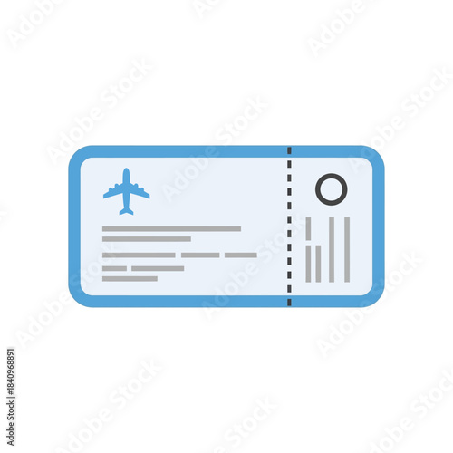 Flat Illustration of a Light Blue Airplane Ticket with Details and Airplane Icon.