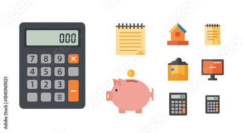 Financial Planning and Budgeting with Calculator, Piggy Bank, and Notes.