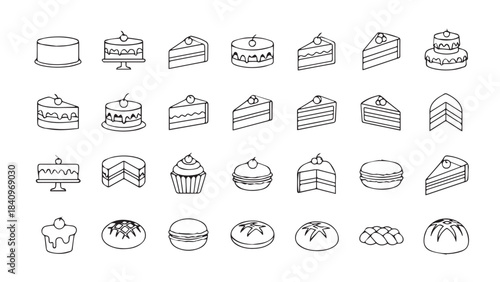 Set of hand drawn outline cake and dessert icons in isometric view