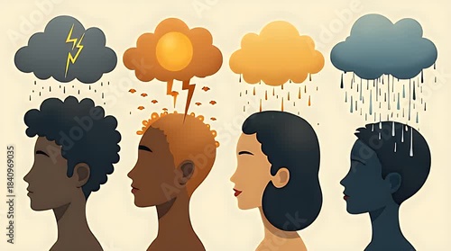 Stylized human silhouettes with floating clouds above their heads, each cloud showing different emotional weather (storm, sunshine, rain, lightning), symbolic psychology illustration.