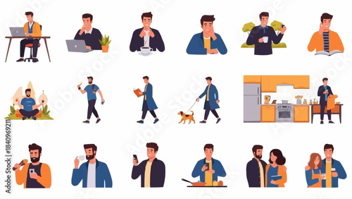 Diverse collection of men engaged in various daily activities and interactions.