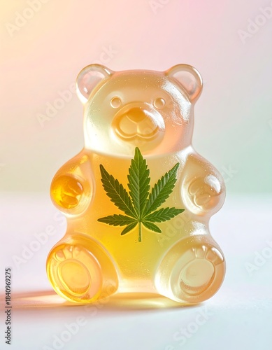 Large gummy bear with green leaf, bright light
