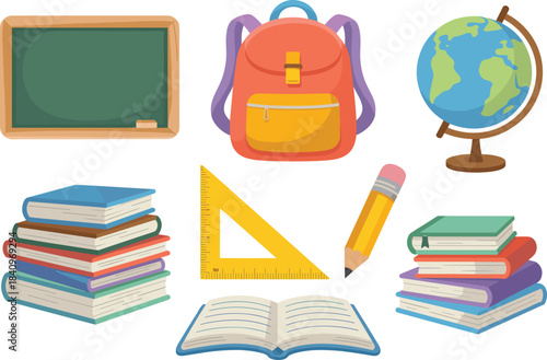 Wallpaper Mural School supplies collection illustration featuring books, backpack, chalkboard, pencil, ruler, globe, educational tools, perfect for learning and classroom design Torontodigital.ca