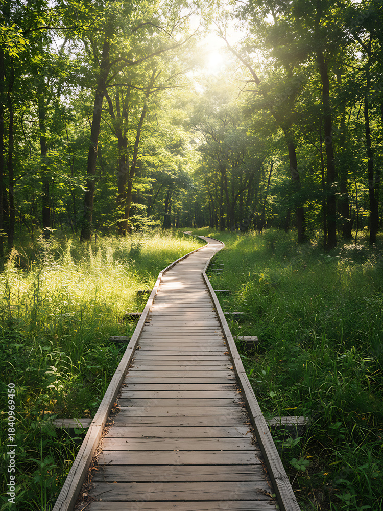 Obraz premium Wooden trail in a forest glade serving as an outdoor recreational pathway, seasonal change awareness day, Nature & Outdoor Recreation