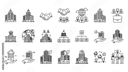 Set of hand drawn business and real estate icons buildings, handshake, people, and global concepts