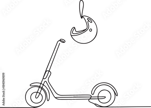 Continuous line art illustration of organic sketch contour forming a scooter with a hanging helmet