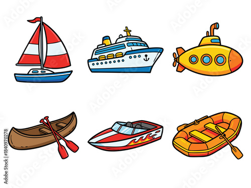 A collection of six cartoon water vehicles including a sailboat, cruise ship, submarine, canoe, speed boat, and inflatable raft.