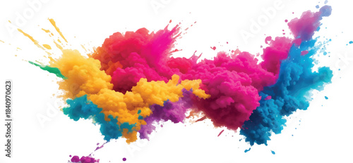 Colorful artistic watercolor ink splashes, paint splatters, and blot designs on a white paper texture background