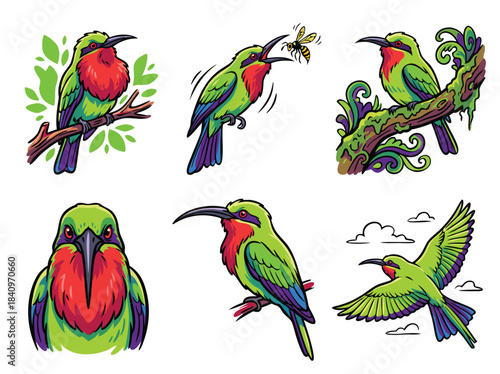 A collection of six vibrant illustrations depicting bee-eater birds in various poses and activities, showcasing their green plumage and red throats.