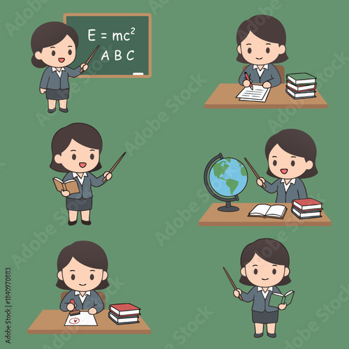A collection of cartoon illustrations depicting a female teacher in various educational settings and poses.