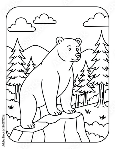 Standing Bear on Rock Coloring Page – Woodland Animal Line Art for Kids