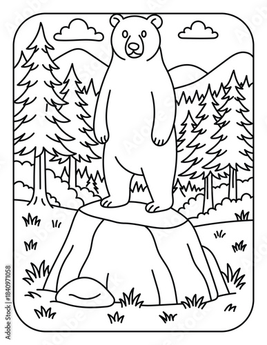 Standing Bear on Tree Stump Coloring Page – Woodland Animal Line Art for Kids