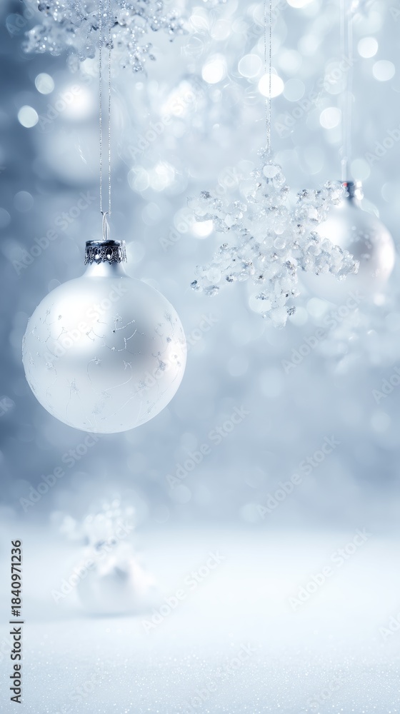 Fototapeta premium Elegant White Christmas Ornaments with Winter Sparkle. cloud dancer color of the year