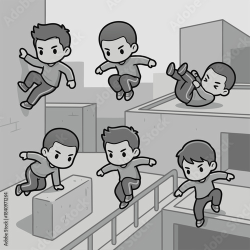Photography Chibi cartoon boys performing various parkour and free running moves in an urban rooftop environment