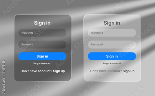 Create account UI. Sign up and log in liquid glass element, user interface element for ui ux design