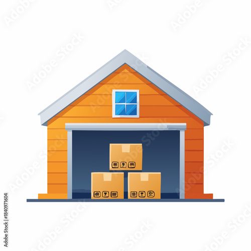 Illustration of a warehouse building with its garage door open, showing stacked cardboard boxes inside, symbolizing storage and logistics