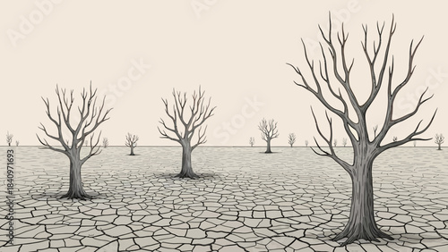 A stark illustration of a barren landscape with numerous leafless trees on cracked, dry ground under a pale sky, symbolizing drought and environmental decay.