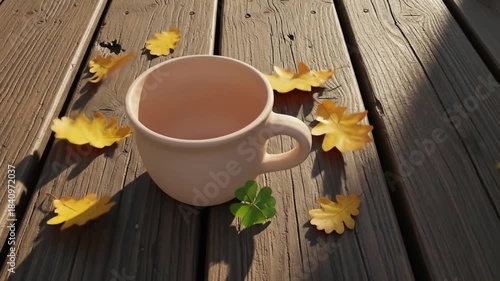 Grounded Morning Scene Featuring a Ceramic Cup on Wooden Deck with Autumn Leaves