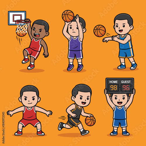Cartoon boys playing basketball in different poses, including shooting, dribbling, passing, and scoring, with a scoreboard.