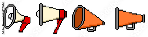 Set pixel megaphone icon vector for announcements, marketing, and broadcast interfaces. Symbolizes loud voice, promotion, and retro 8-bit digital communication.