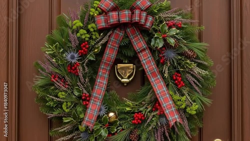 Decorating a Warm Holiday Door with a festive wreath and bow in a wooden entryway
