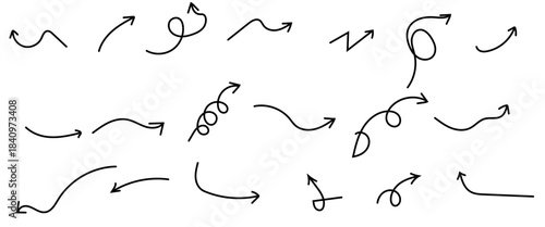 Hand drawn arrow set with crayon texture - curved and straight, Marker pen pointer icons, Curvy directional symbols.