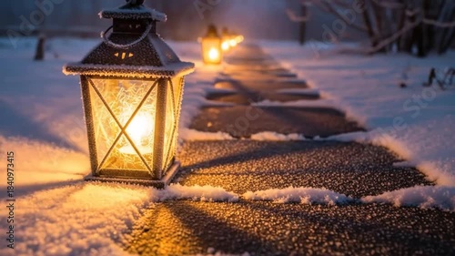 Strolling Through a Snowy Path Lit by Warm Lanterns