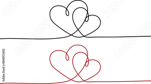 Continuous line art illustration of intertwined hearts in black and red, symbolizing love, unity, and connection on a clean white background