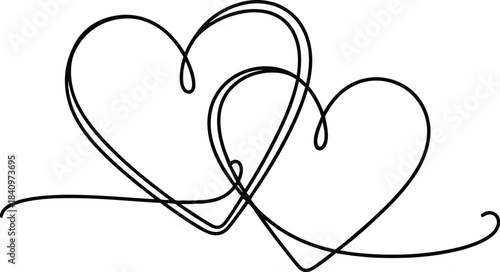 Two elegant intertwined hearts line art drawing, symbolizing unity, love, and connection, isolated on a clean white background for design projects.