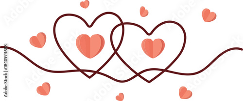 Intertwined hearts symbol of eternal love and connection, surrounded by scattered smaller hearts, romantic design isolated on white background.