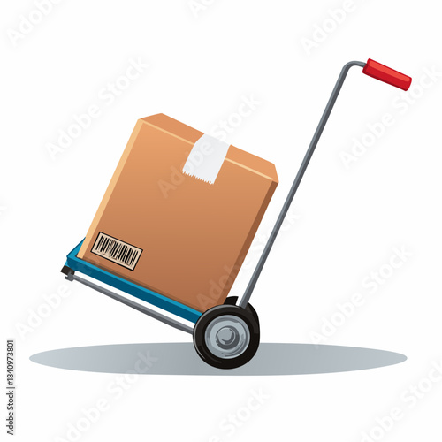 Clear illustration of a sturdy cardboard shipping box loaded onto a blue hand truck, representing efficient logistics, package delivery, and convenient moving services