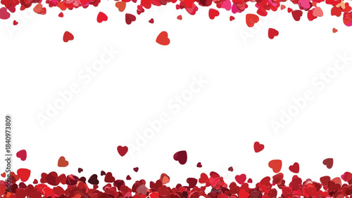Romantic red heart confetti shapes forming a vibrant border on a clean white background, ideal for love concepts and celebrations.