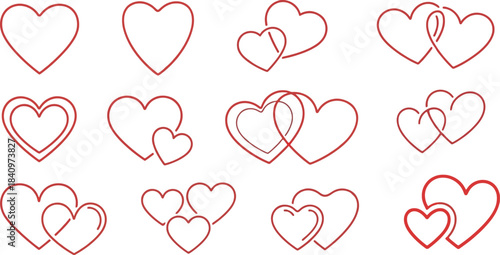 Collection of minimalist red heart outline icons in various designs, symbolizing love, romance, affection, and passion, perfect for Valentine's Day