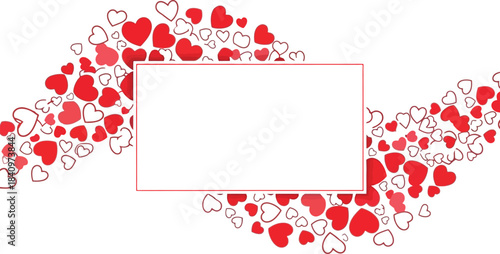 Romantic red heart shapes and outlines create a decorative border frame on a clean white background, ideal for messages and designs.