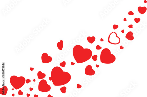 Red hearts floating and cascading on a pristine white background, symbolizing love, passion, and romance, perfect for design.