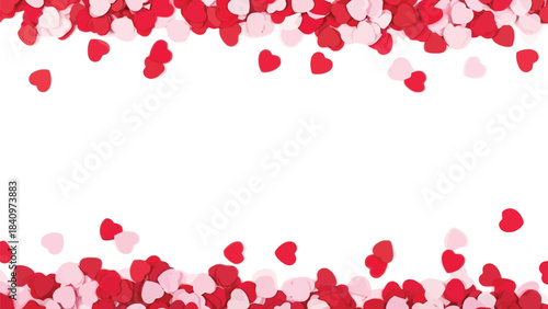 Vibrant red and pink heart confetti scattered as a decorative border frame on a pristine white background for romantic celebrations