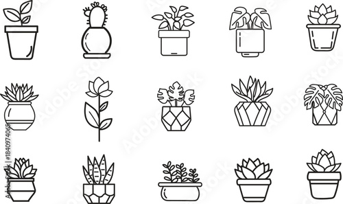 Hand-Drawn Houseplant Line Icons Collection.
