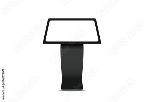 Black interactive digital kiosk stand mockup, blank customizable touch screen display, isolated on transparent background for easy design display.