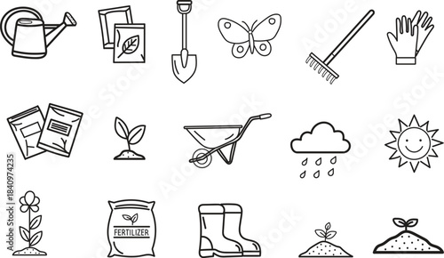 Hand-Drawn Gardening Line Art Collection