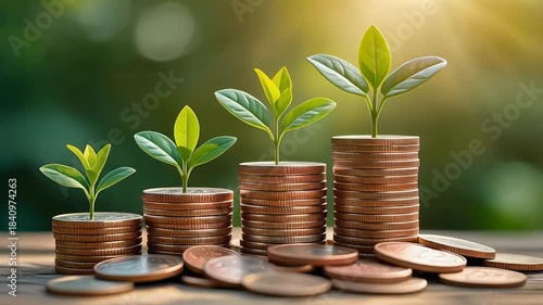 Coins and green plants as symbols of the coexistence between the economy and climate protection. 
