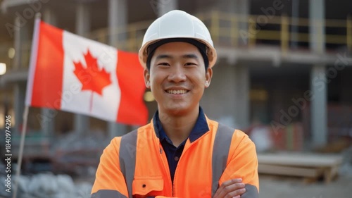 A construction worker stands cheerfully in front of the Canadian flag. Symbolic video for the Canadian economy.
