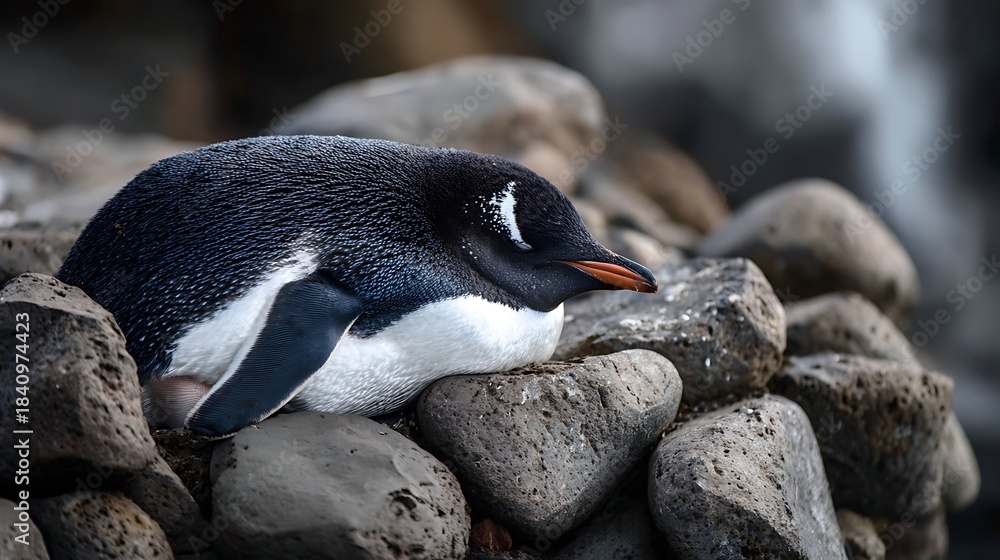 Fototapeta premium Gentoo penguin resting on rocks