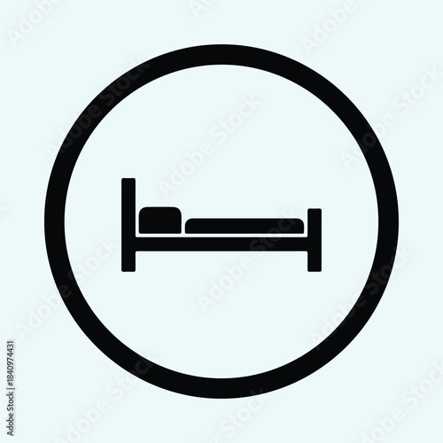 Vector Simple hotel sleeping bed icon symbol inside a bold circular frame silhouette Illustration