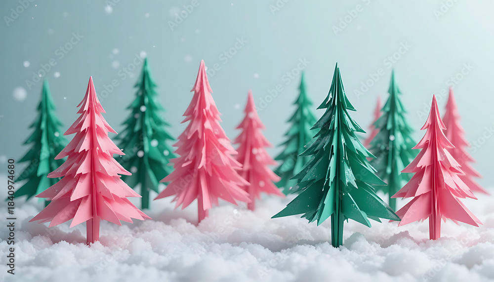 Obraz premium Origami paper trees in pink and green colors standing on a snowy surface with falling snow