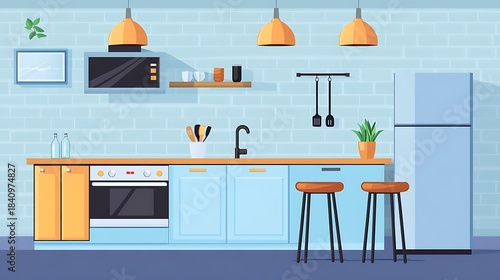 Brightly lit modern kitchen interior design featuring light blue cabinets oven refrigerator and warm orange accents