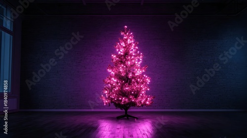 A striking, pink Christmas tree stands illuminated against a dark brick wall, bathed in dramatic spotlights.