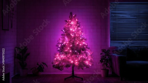 A striking, pink Christmas tree stands illuminated against a dark brick wall, bathed in dramatic spotlights.