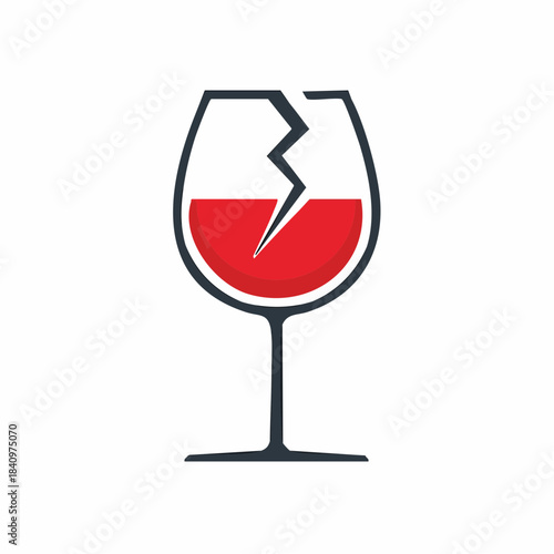 Minimalist vector art depicting a cracked wine glass containing red liquid, illustrating themes of breakage, loss, fragility, or a dissolved celebration and the end of indulgence