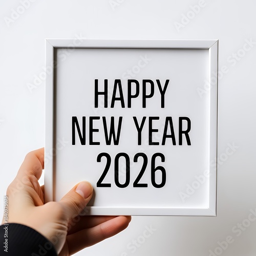 Hand Holding White Square Sign Celebrating New Year 2026 Festive