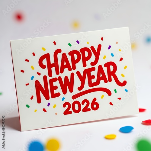 Happy New Year 2026 Card with Red Text and Colorful Confetti on White